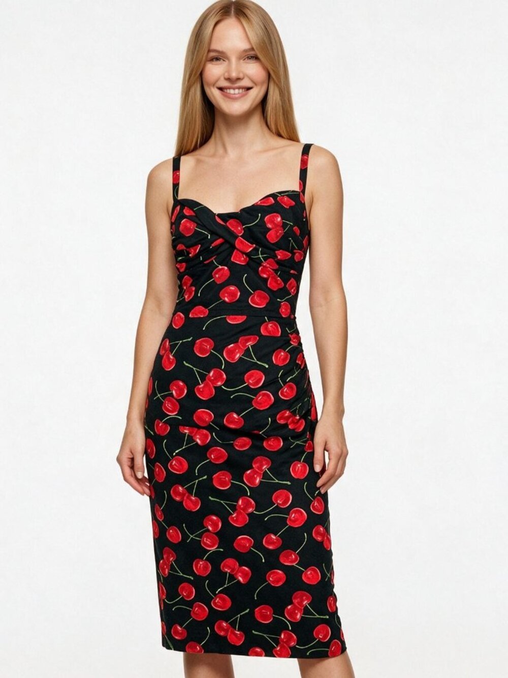 RARE! Stop Staring Cherries Print Black Pinup Wiggle Dress. Spaghetti straps, S
